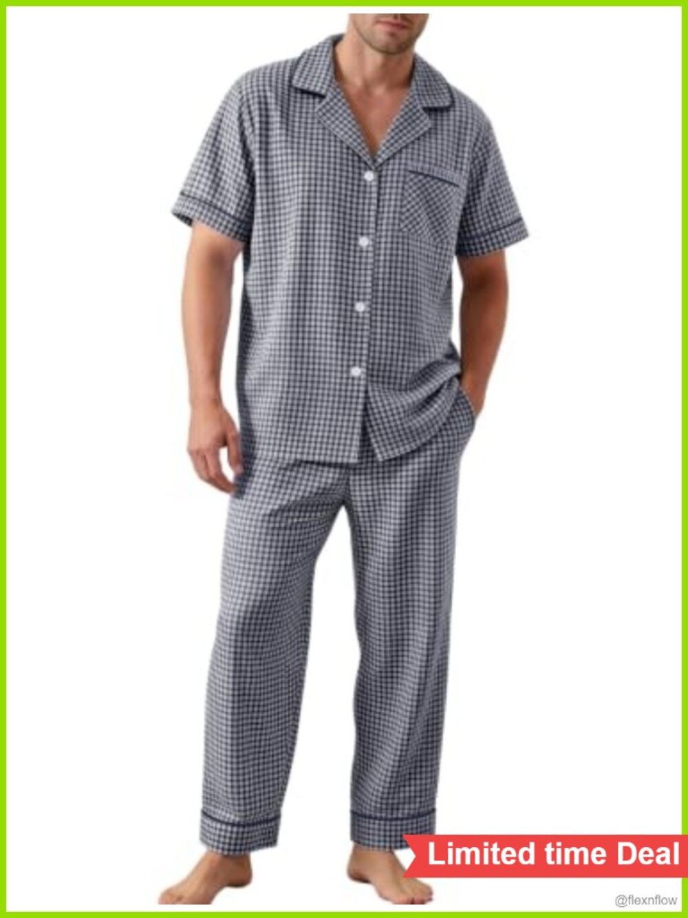 Men's 100% Cotton Plaid 2 Piece Pajama Set Short Sleeve with Pockets